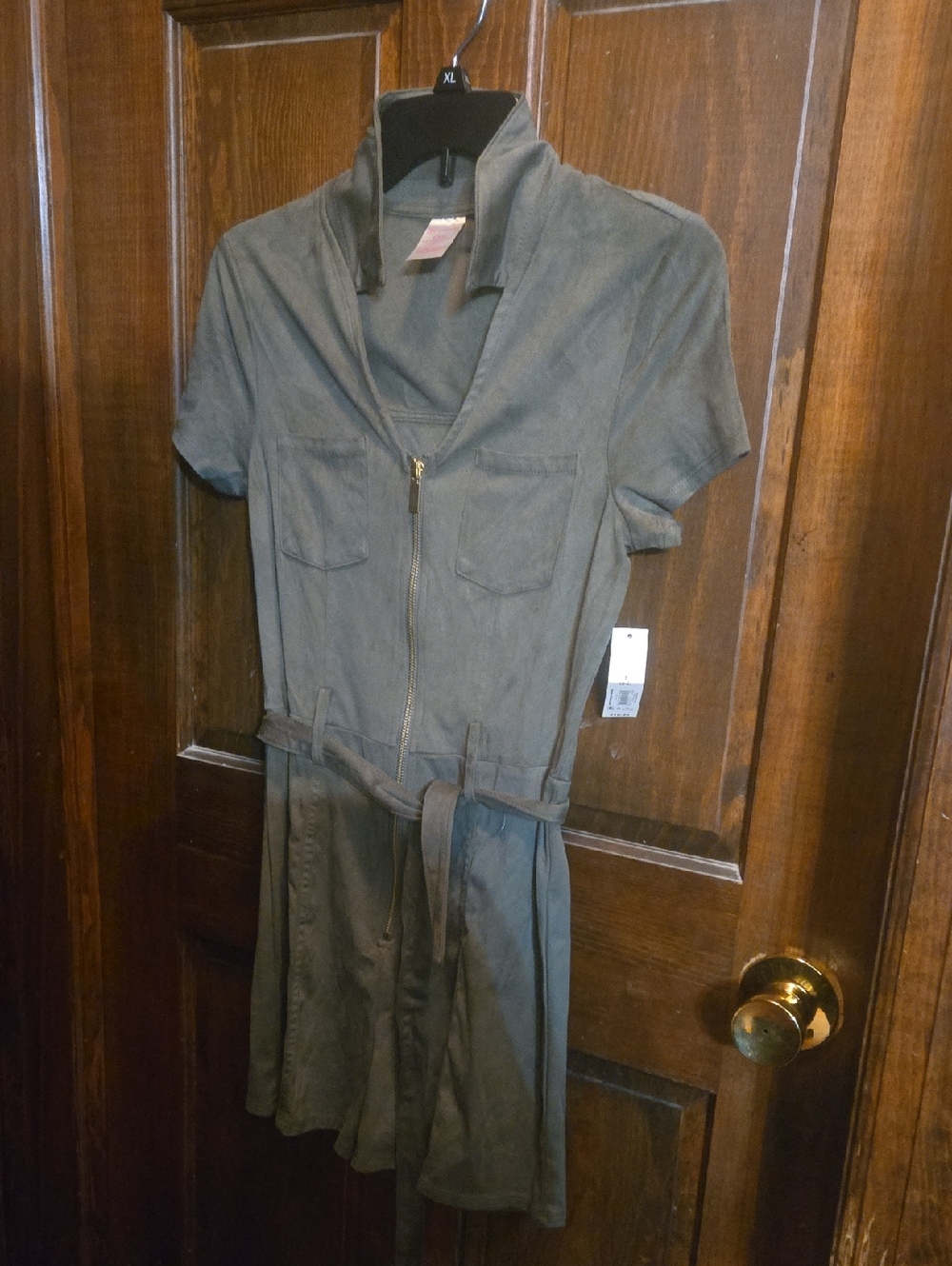 No Boundaries Olive Green Zip-Front Utility Romper Ultra Suede Feel. NWT